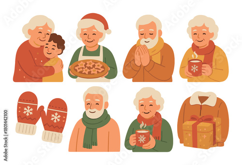 Elderly caucasian characters celebrating christmas with cookies, gifts, and warm drinks