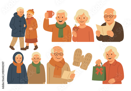 Elderly caucasian couple engaging in winter festivities and gift giving