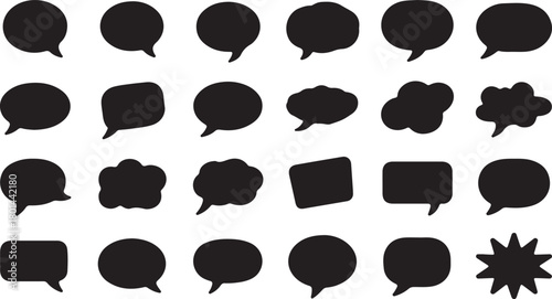 Black speech bubbles of varied shapes are arranged evenly on a white backdrop