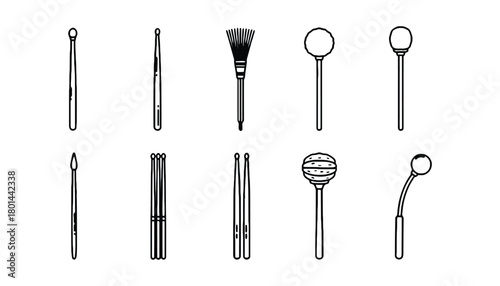 Drumsticks mallets brushes vector set musical instrument tools