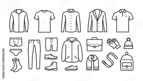 Men's fashion clothing apparel accessories vector icons set