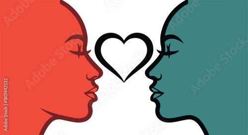Two faces with heart symbol representing love and connection