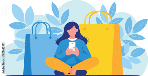 Brunette woman with smartphone sits crosslegged near shopping bags and blue leaves is transparent