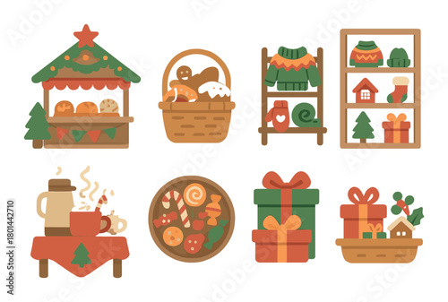Festive market stall with christmas treats, gifts, and cozy winter clothing