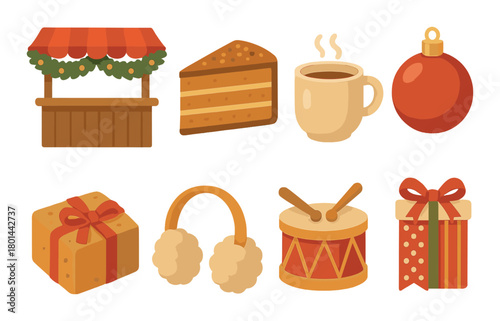 Holiday icons: cake, coffee, ornament, gift, earmuffs, and drum illustrations