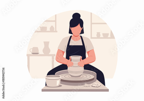 Woman making pottery on a potter's wheel. Artisan craft and creative hobby concept. Flat design character graphic for a workshop or class.