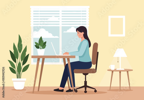 Woman working on a laptop from home. Remote work and freelancer concept in a modern home office. Flat design graphic.