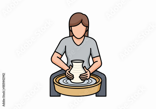 Woman making pottery on a potter's wheel. Handmade craft and creative hobby concept. Flat cartoon icon for an art class or workshop