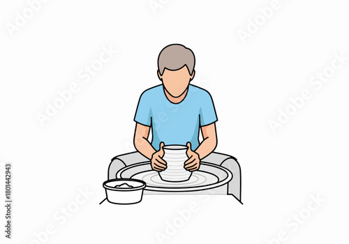 A man making pottery on a wheel. Artisan craft and hobby concept. Simple flat cartoon graphic