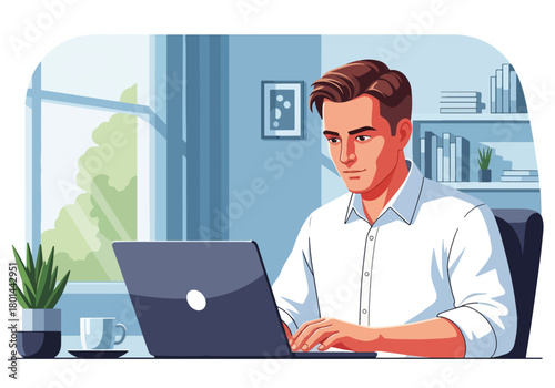 Man working on a laptop in a home office. Remote work and freelancer productivity concept. Modern flat design graphic