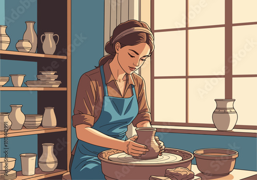 A woman making pottery on a wheel in a workshop. Graphic of a creative hobby and handmade craft concept.