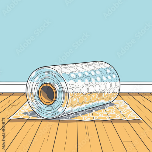 A roll of bubble wrap for packing and moving. Graphic drawing of protective material on a hardwood floor. Shipping and fragile item protection concept