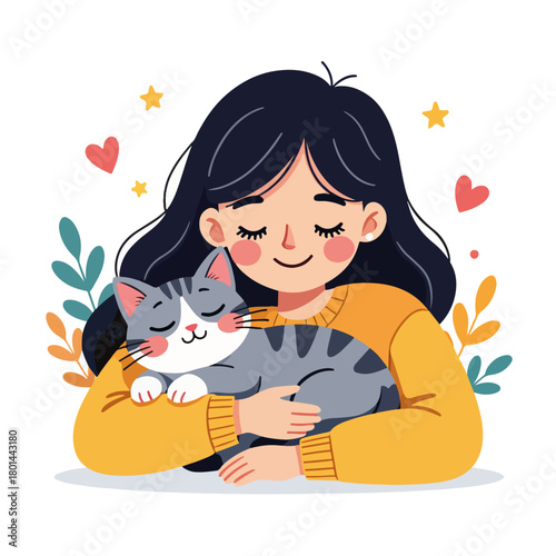 A girl affectionately holding a sleeping tabby cat. Cartoon illustration of a person and their pet. Concept of animal love and companionship