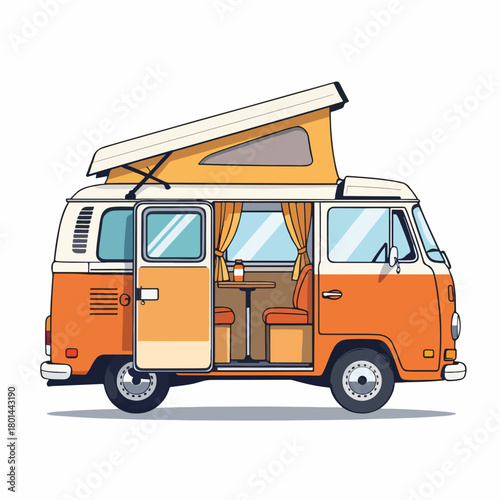A retro camper van with an open door and pop-top roof. Flat design graphic of a classic motorhome. Road trip and vacation concept