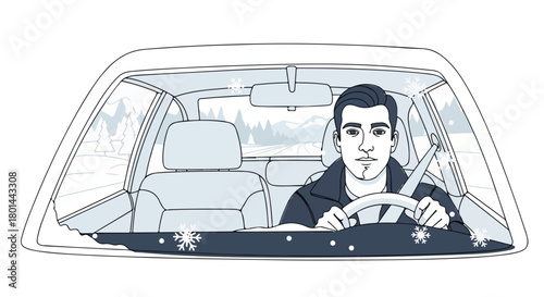 Man driving a car in a winter snow scene. Clean outline drawing of a driver behind the wheel. Automotive safety and travel concept