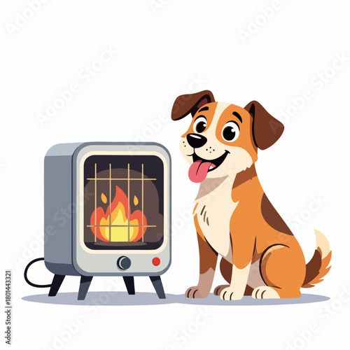 A cartoon dog sitting next to a space heater for warmth. Pet comfort in winter concept. Flat design graphic isolated on a white background