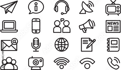 Communication icons represent modern interaction; paper plane, laptop, globe, and phone with a transparent background