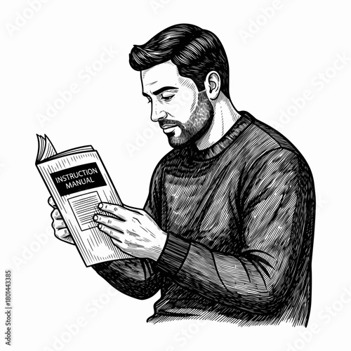 Man reading an instruction manual. Hand-drawn sketch in a vintage engraving style. DIY and assembly guide concept