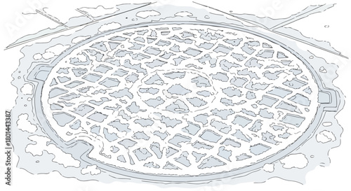 Frozen manhole cover with intricate frost patterns. A hand-drawn sketch of a winter urban scene. Cold weather line art illustration
