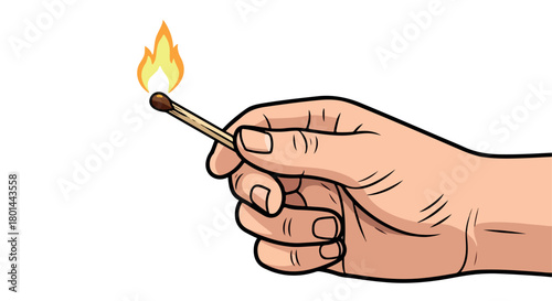 Hand holding lit match with transparent background