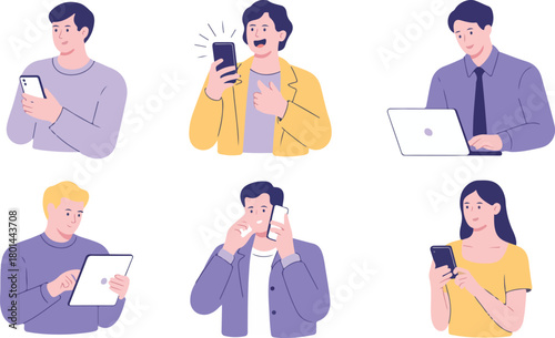 Diverse people use digital devices including laptop, tablet, and smartphone on a transparent background