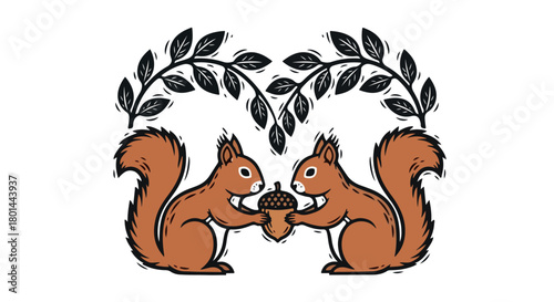 Squirrels sharing acorn with leafy heart shape