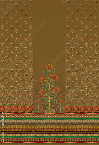 Gold Brown Ethnic Floral Kurti Front Panel Design
