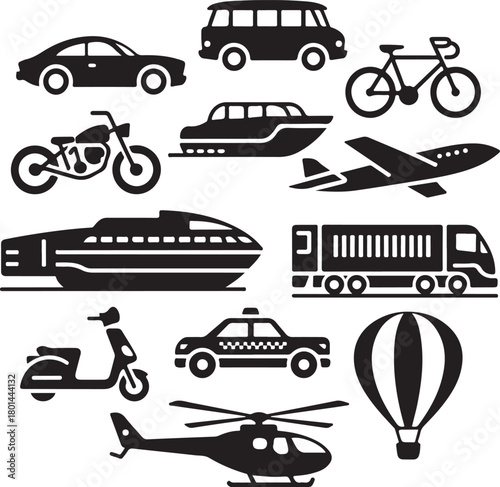 Modern transport icons collage: travel, commute, adventure