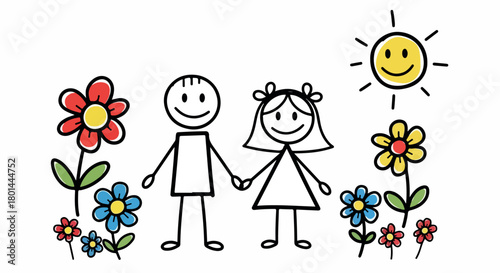 Happy children holding hands with flowers and sun