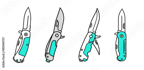 Four folding knives with silver blades and teal handles in a row on a white background.
