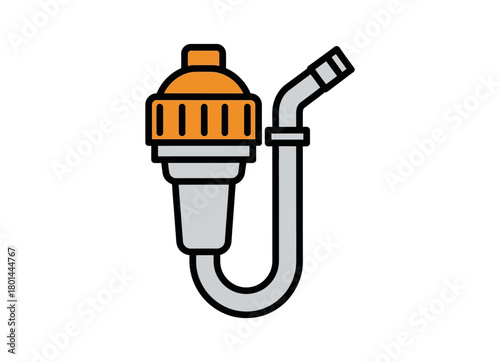 Graphic illustration of a water filter with an orange top and curved pipe.