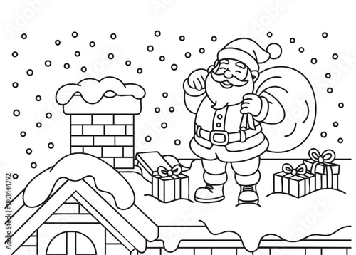 Black and white Santa Claus coloring sheet with snowy landscape and presents. Ideal for Christmas