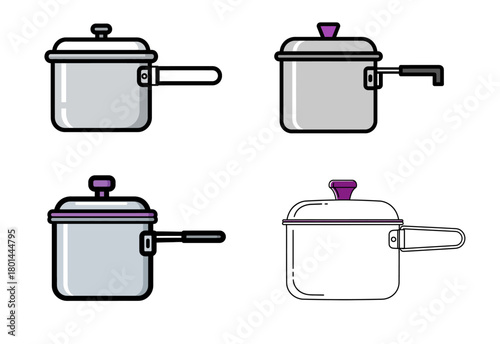 Four different styles of saucepans with lids and handles, presented in a grid.