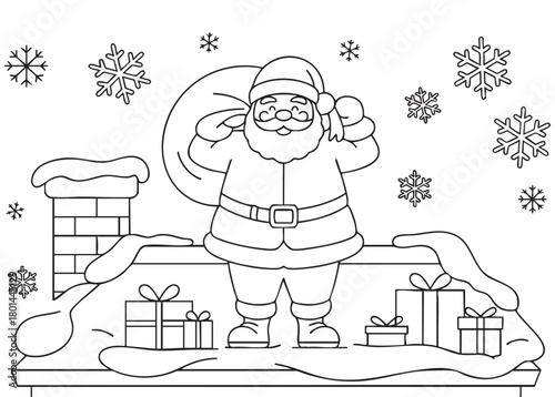 santa claus with gifts on the roof, coloring page for kids