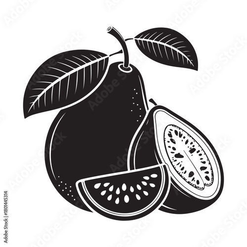 silhouette of fresh guava fruit and cross section with leaves vector