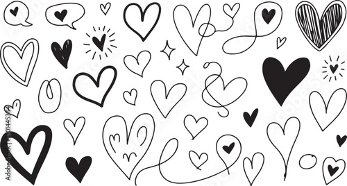 Handdrawn doodle hearts and stars, a seamless pattern full of affection shows on transparent background