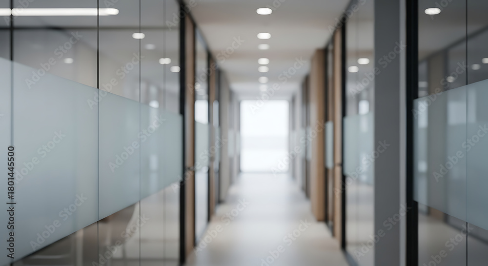 Naklejka premium Modern office hallway with glass walls and doors creating a bright and professional atmosphere for business and corporate environments showcasing transparency and collaboration