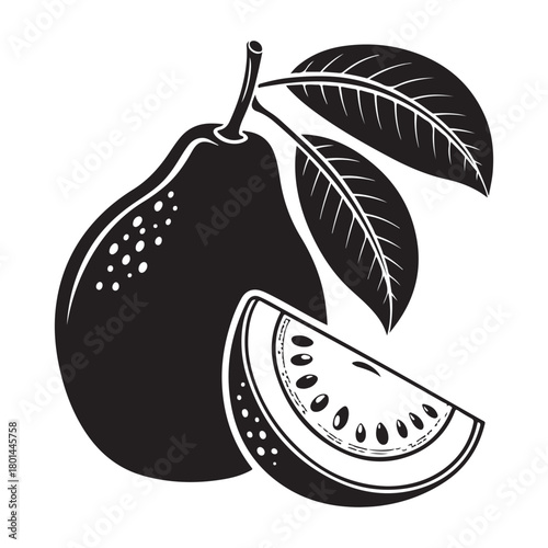 silhouette of fresh guava fruit and cross section with leaves vector