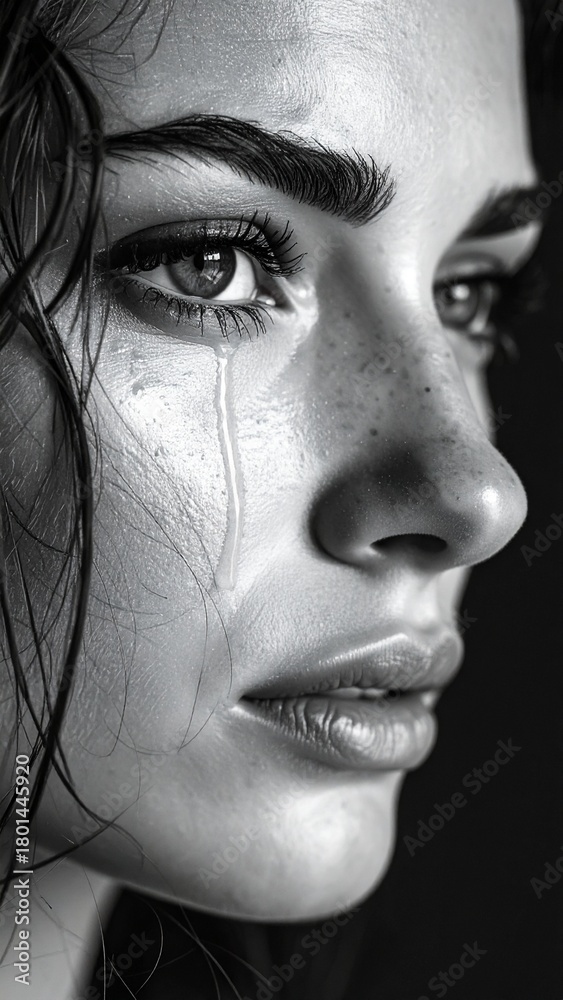 Obraz premium Expressive Black and White Portrait of a Woman with Tears Showing Emotion and Sensitivity Side Profile.