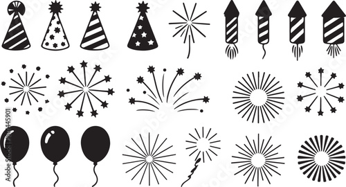 Party elements include hats, balloons, firecrackers, and firework bursts on a white background