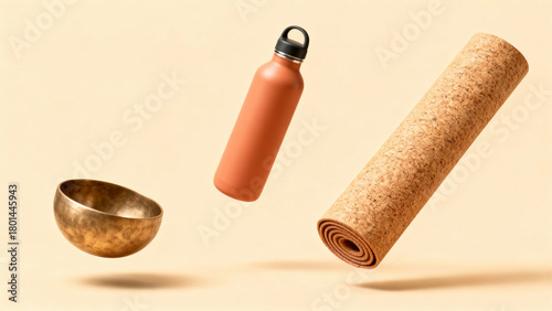Minimalist 3D rendering of floating mindfulness and yoga items: cork mat, terracotta bottle, and singing bowl on a beige background. Focus on relaxation and earth tones.