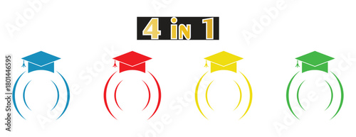 Graduation Caps on Stylized Circle Abstract Shape Icons, Academic Achievement and Success Vector Set