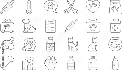 Many outline icons show veterinarian tools, pets, and medicine, all in black on white