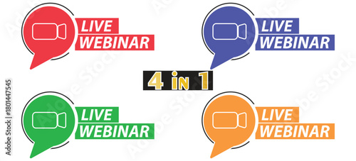 Live Webinar Text Tags with Video Camera Icon in Different Colors, Online Presentation and Digital Event