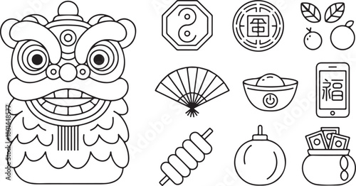 Outline shows Chinese New Year cultural symbols together on a transparent background