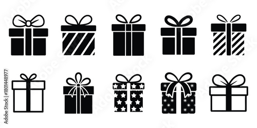 Gift Box Icon Set | Christmas, Birthday, and Present Outline Silhouette Vector Graphics
