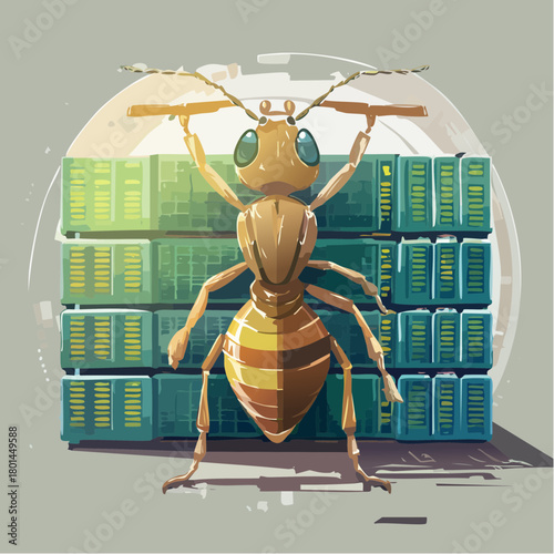 A stylized ant lifting a stack of servers, symbolizing strength and data management.