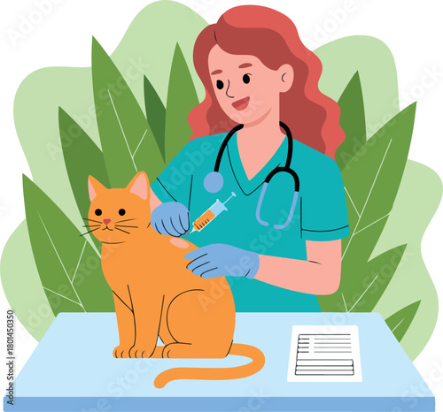 Redheaded vet administers injection to ginger cat calmly sitting on light blue table