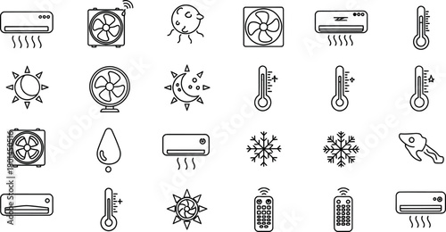 Collection of hand drawn icons representing air conditioning heating thermometers and snowflakes