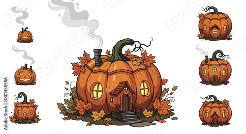 Pumpkin house with autumn leaves and smoke